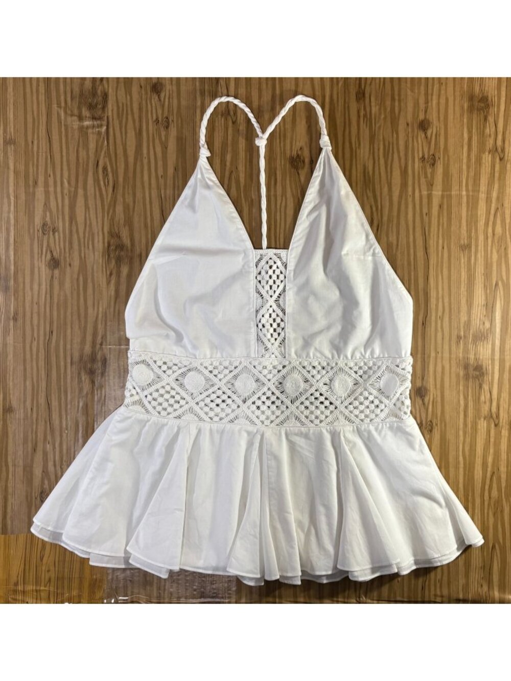 Milly Cabana white halter peplum top with geometric crochet lace panel inserts